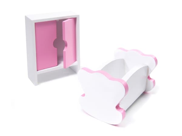 MDF-dockhus i trä + möbler 70 cm rosa LED