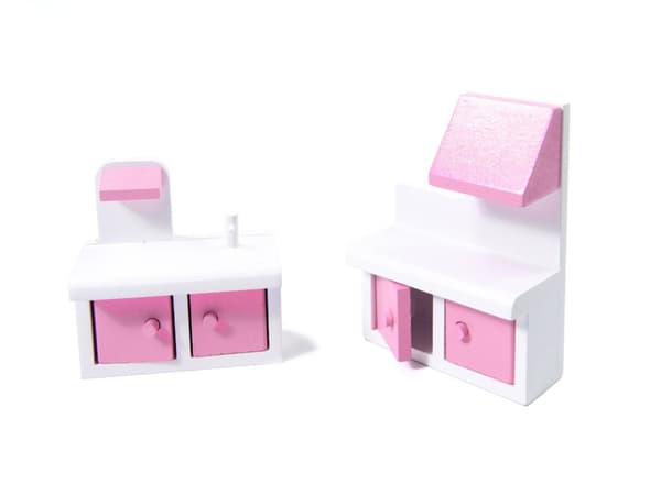 MDF-dockhus i trä + möbler 70 cm rosa LED