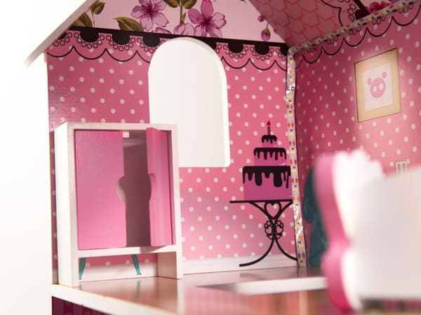 MDF-dockhus i trä + möbler 70 cm rosa LED