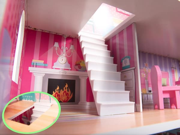 MDF-dockhus i trä + möbler 70 cm rosa LED