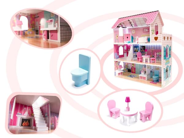 MDF-dockhus i trä + möbler 70 cm rosa LED