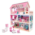 Miniatyrbild 1 av 11: MDF-dockhus i trä + möbler 70 cm rosa LED