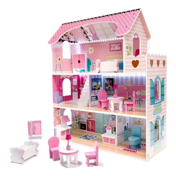 MDF-dockhus i trä + möbler 70 cm rosa LED