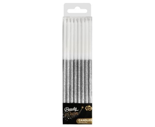 B & C candles glitter, silver 14,5x0,6cm 16pcs