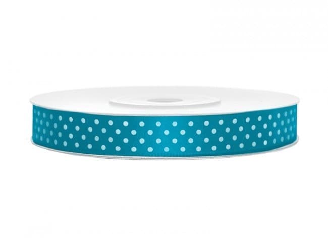 Satinband Prickigt Turkos/Vit, 12 mm.