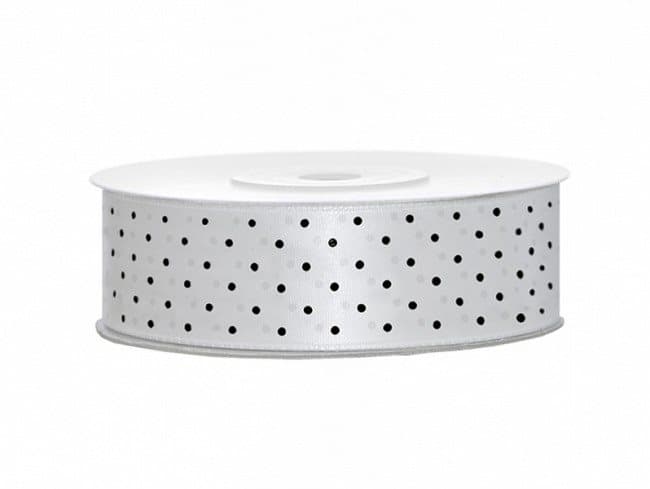 Satinband Vit med svarta prickar, 25 mm.
