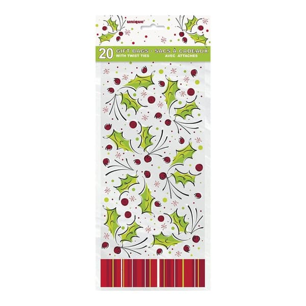 Unique Party Holly Cellophane Christmas Party Bags (Pack of 20)