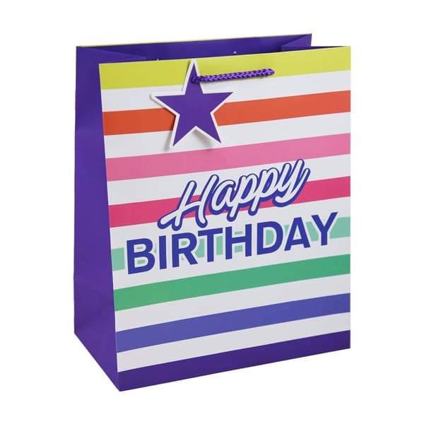 Eurowrap Stripe Happy Birthday Gift Bag (Pack of 12) White/Multicoloured L