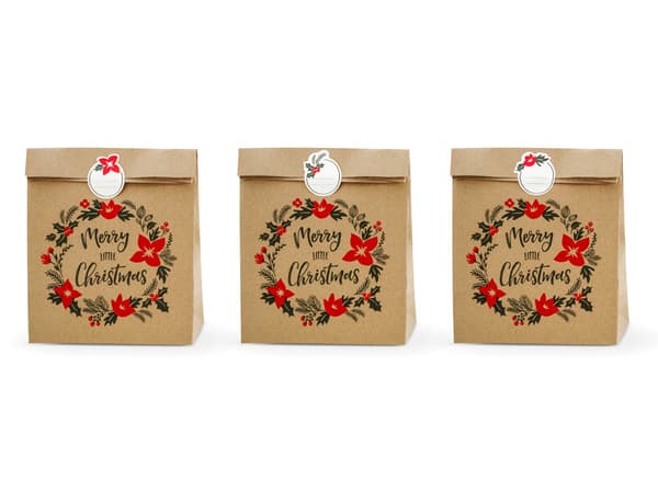 Merry Little Christmas gaveposer, kraftpapir, 25x11x27cm (1 pakke / 3 stk.)