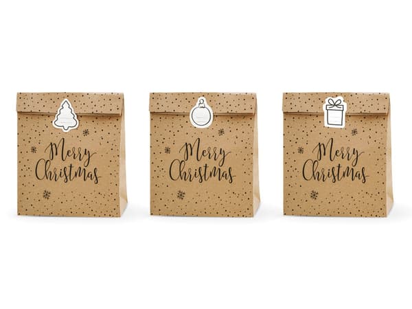 Glædelig jul gaveposer, kraftpapir, 25x11x27cm (1 pakke / 3 stk.)