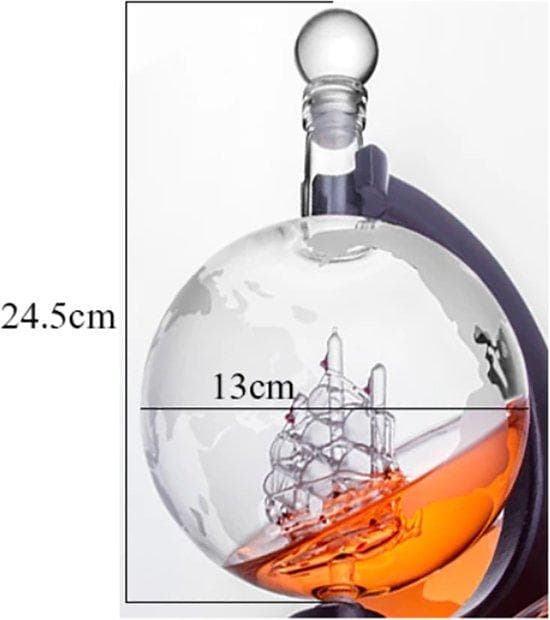 Luxury Whisky Set - Presentation Board - Crystal Glass & Carafe - Hand Blown - World Map - 1000 ml Globe - Gift Set 6 Pieces