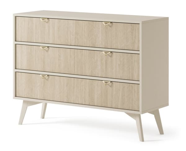 Kommode: tre skuffer, Farve: sandbeige / sandi sildeben, sandbeige træben,