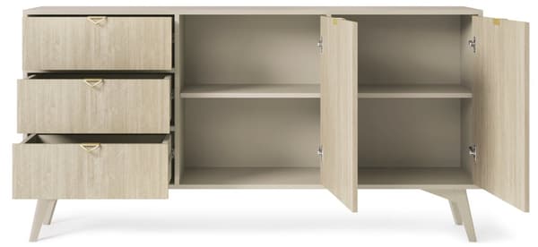 Byrå: tre lådor, två dörrar, fyra hyllor, Färg: sandbeige / skandi fiskben, sandbeige träben