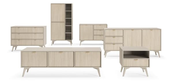Byrå: tre lådor, två dörrar, fyra hyllor, Färg: sandbeige / skandi fiskben, sandbeige träben