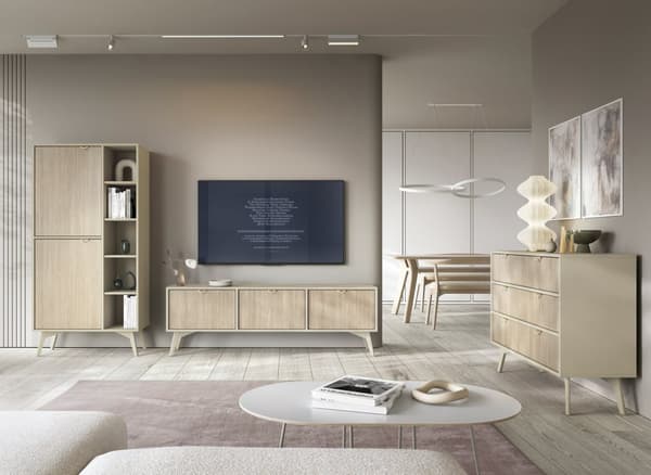 Byrå: tre lådor, två dörrar, fyra hyllor, Färg: sandbeige / skandi fiskben, sandbeige träben