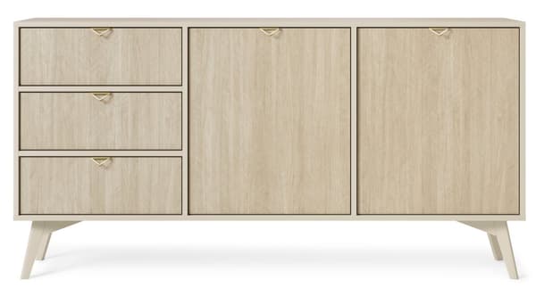 Byrå: tre lådor, två dörrar, fyra hyllor, Färg: sandbeige / skandi fiskben, sandbeige träben