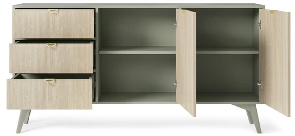 Kommode: tre skuffer, to låger, fire hylder, Farve: eucalyptus / sandi sildeben, eukalyptus træben,