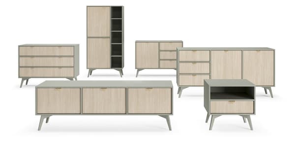 Kommode: tre skuffer, to låger, fire hylder, Farve: eucalyptus / sandi sildeben, eukalyptus træben,