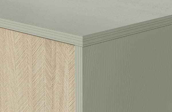 Kommode: tre skuffer, to låger, fire hylder, Farve: eucalyptus / sandi sildeben, eukalyptus træben,
