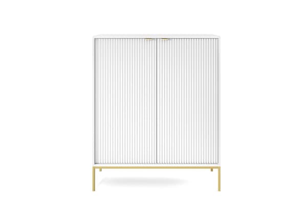 Kommode: to låger, seks hylder, Farve: hvid, rammefarve: guld Møbelmål: bredde: 104 cm, højde: 125 cm, dybde: 39 cm,