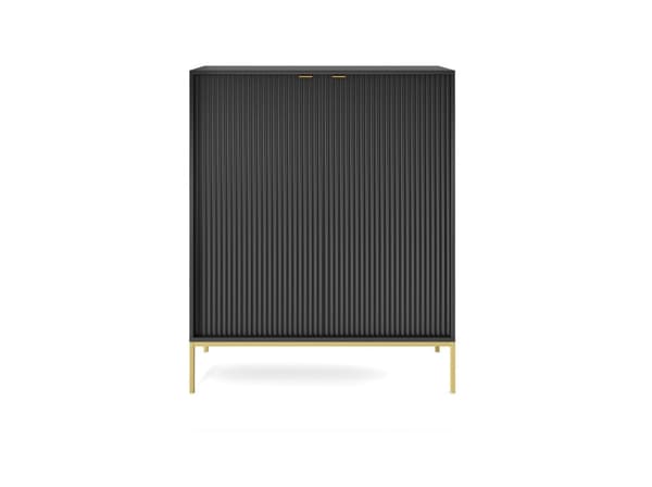 Byrå: två dörrar, se x hyllor, Färg: svart, ramfärg: guld M: bredd: 104 cm, höjd: 125 cm, djup: 39 cm,