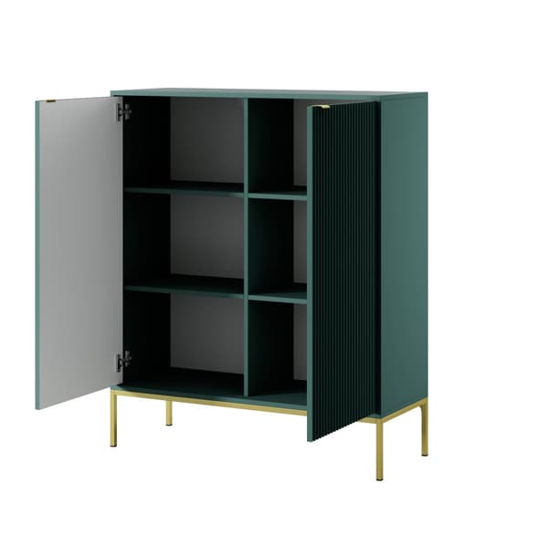 Kommode: zwei Türen, sechs Einlegeböden, Farbe: Labrador, Gestellfarbe: Gold Möbelmaße: Breite: 104 cm, Höhe: 125 cm, Tiefe: 39 cm,