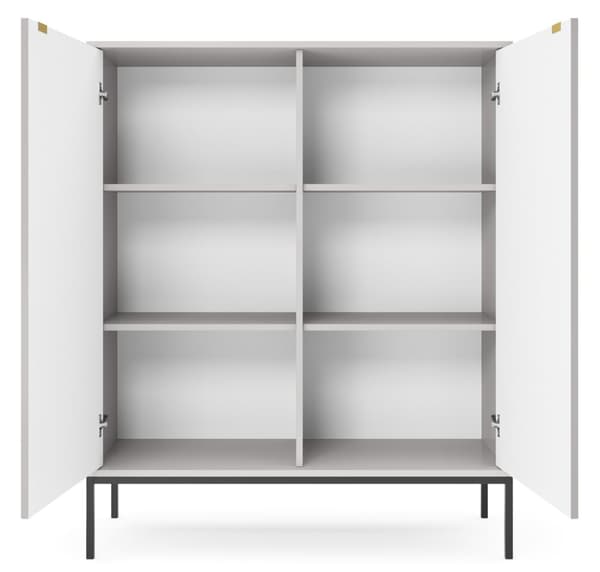 Kommode: to låger, seks hylder, Farve: grå, rammefarve: sort Møbelmål: bredde: 104 cm, højde: 125 cm, dybde: 39 cm,