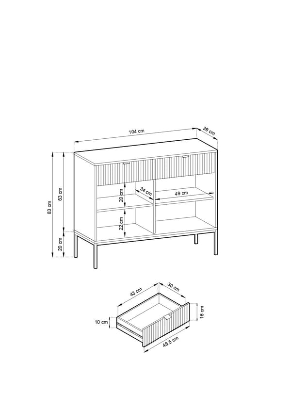 Kommode: to låger, seks hylder, Farve: grå, rammefarve: sort Møbelmål: bredde: 104 cm, højde: 125 cm, dybde: 39 cm,