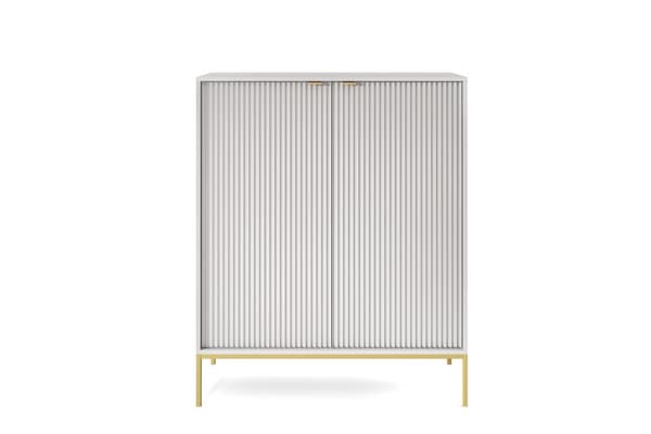 Kommode: to låger, seks hylder, Farve: grå, rammefarve: guld Møbelmål: bredde: 104 cm, højde: 125 cm, dybde: 39 cm,