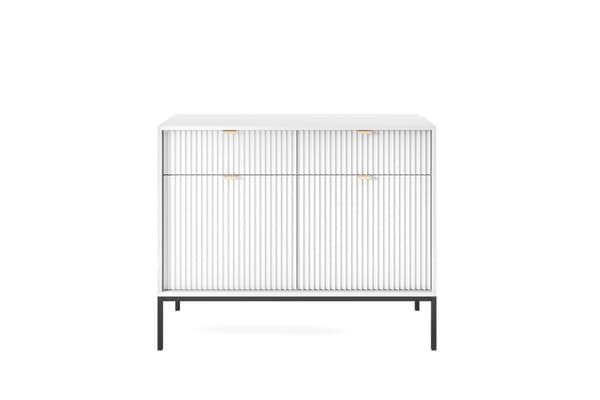 Kommode: to skuffer, to låger, fire hylder, Farve: hvid, rammefarve: sort Møbelmål: bredde: 104 cm, højde: 83 cm, dybde: 39 cm,