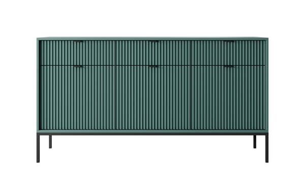 Kommode: tre skuffer, tre låger, seks hylder, Farve: Labrador, rammefarve: sort Møbelmål: bredde: 154 cm, højde: 83 cm, dybde: 39 cm,