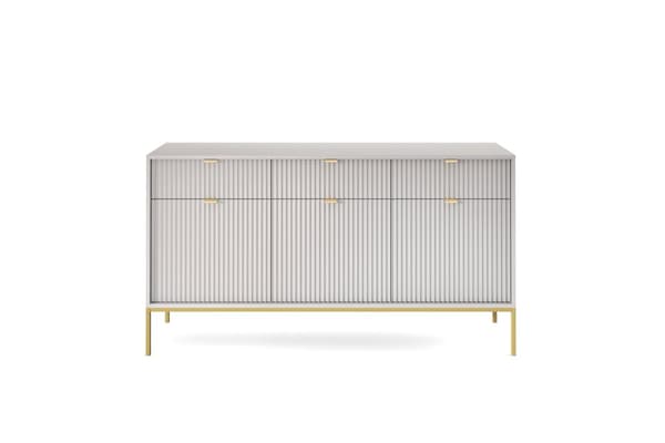 Byrå: tre lådor, tre luckor, se x hyllor, Färg: grå, ramfärg: guld M: bredd: 154 cm, höjd: 83 cm, djup: 39 cm,