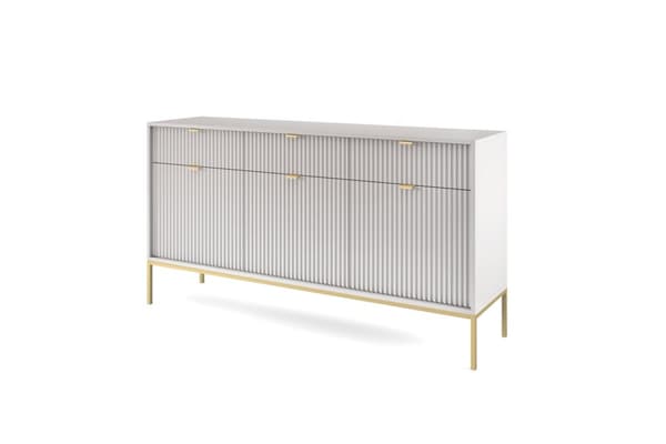 Byrå: tre lådor, tre luckor, se x hyllor, Färg: grå, ramfärg: guld M: bredd: 154 cm, höjd: 83 cm, djup: 39 cm,
