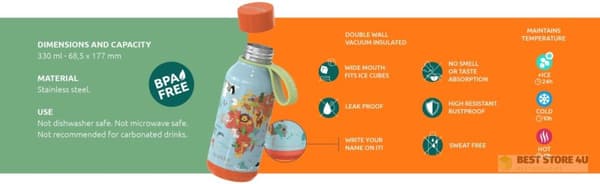Quokka Solid Kids med rem - Termosflaska i rostfritt stål 330 ml med rem (Zebror)