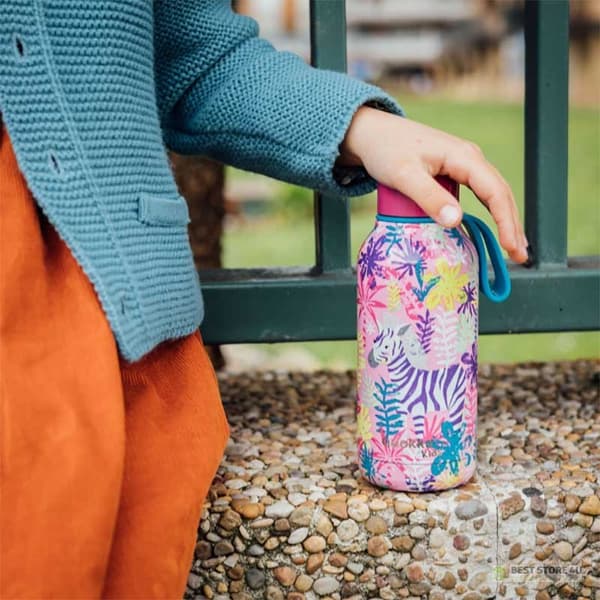 Quokka Solid Kids med rem - Termosflaska i rostfritt stål 330 ml med rem (Zebror)