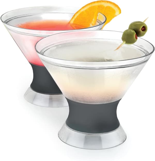 HOST Freeze Insulated Martini Cooling Cups Freezer Gel Chiller Double Wall Stemless Cocktail Glass 9 oz (266ml), Set of 2, Grey