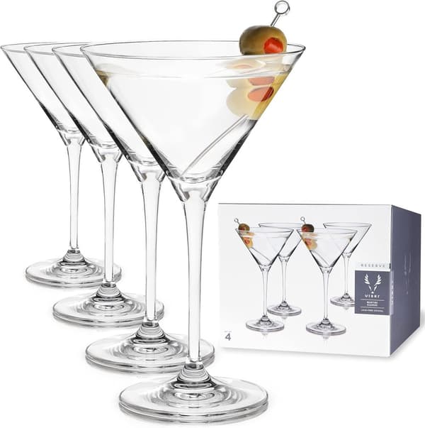 Viski Reserve European Crystal Martini Glasses, 4 Lead-Free Crystal Stemmed Cocktail Glasses, European Made Glassware, Set of 4, 7oz (207ml)