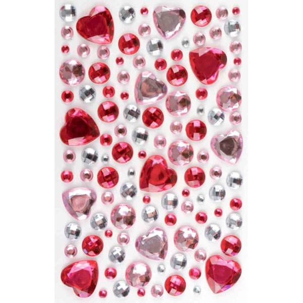 Set med 106 självhäftande kristallstrass i rosa monokrom hjärtform - 0,5 till 2 cm