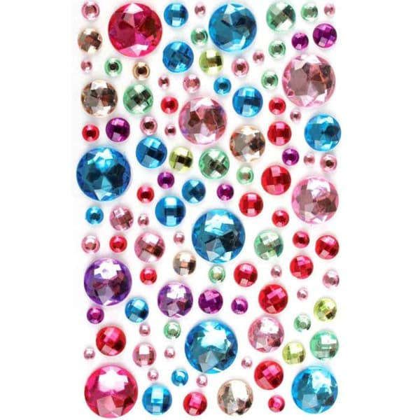 Set med 106 självhäftande kristallstrass rund form blandade färger - diam. 0,5 till 2 cm