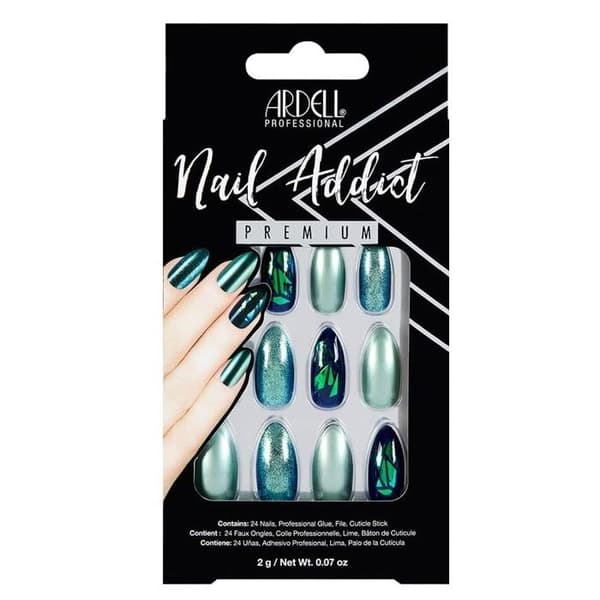 Ardell Nail Addict Grön Glittrande Chrome Kit med 24 Konstnaglar - Effekter av Kromade Paljetter - Allt Ingår