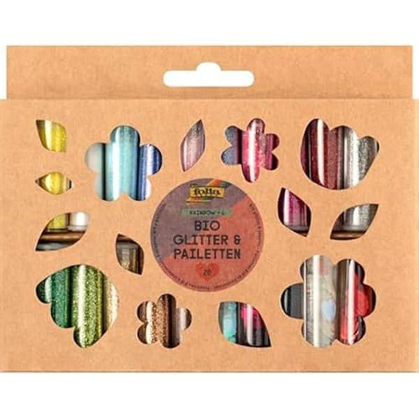 Set med ekologiska glitter - folia - REGNBÅGE L - 20 rör - Olika formar - För barn