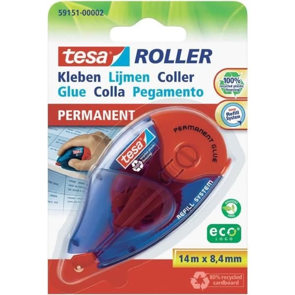 Återfyllningsbar rollerlim - tesa - 8,4 mm - Röd och blå - EcoLogo - Applikationsprecision