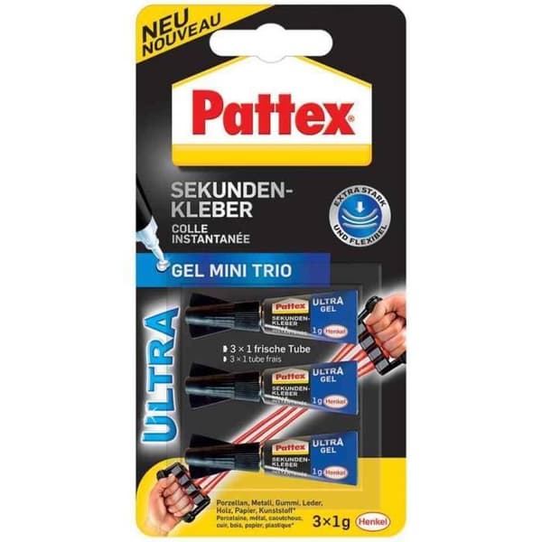Snabblim - PATTEX - Ultra Gel Mini - Förpackning med 3 tuber à 1 g - Extra starkt - Stöttålig