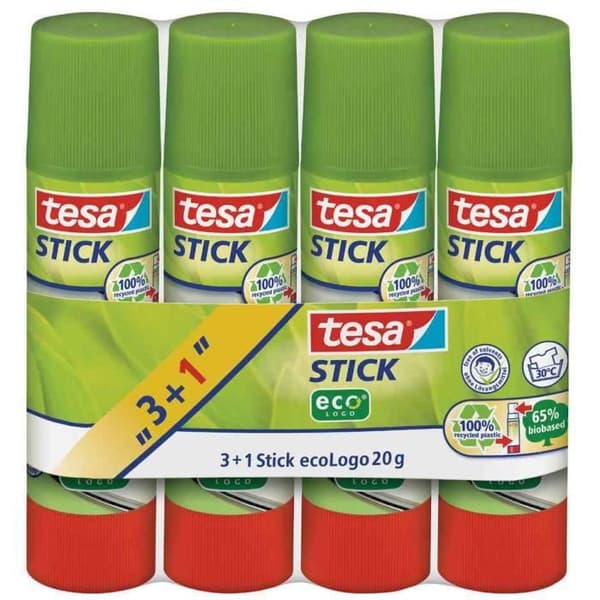 Limstift - TESA - EcoLogo 3+1 - 20 g - 100% återvunnen plast - Luktfri