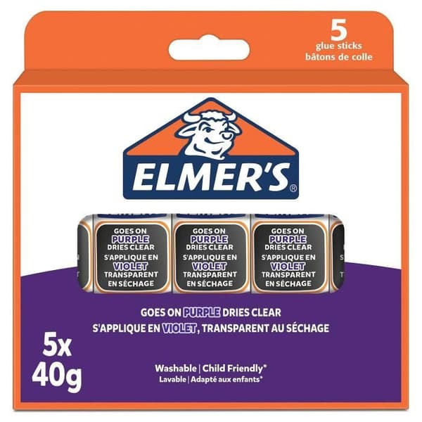 Elmers sticklila limstift, torkar klart, tvättbart och barnvänligt, 40g x 5