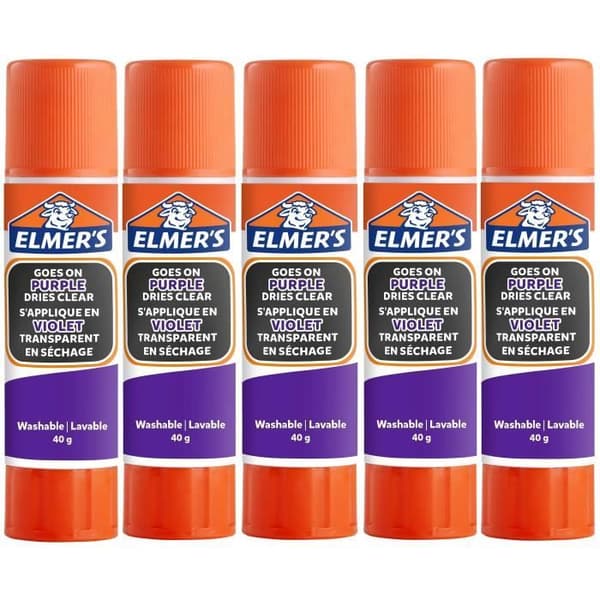 Elmers sticklila limstift, torkar klart, tvättbart och barnvänligt, 40g x 5