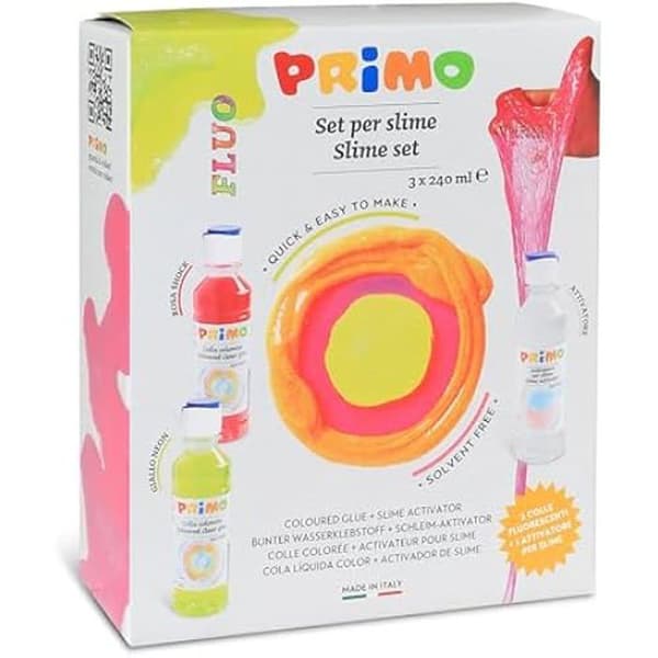 Färgad Transparent Flytande Lim - PRIMO - Fluorescerande Slime - 2 x 240 ml - Aktiverare Inkluderad - Tillverkat i Italien
