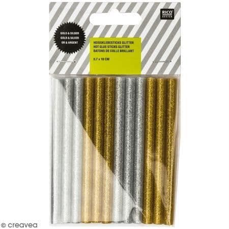 Glitterrefill för limpistol 7 mm - Guld och silver - 12 pinnar Rico Design glitterlimrefill