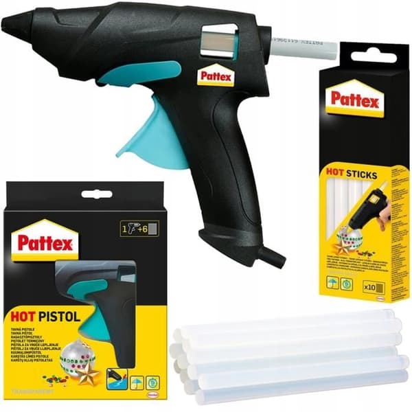 Pattex Pistol do kleju na gorąco + Klej termotopliwy hot sticks översätts till franska som "Pattex limpistol + Stick