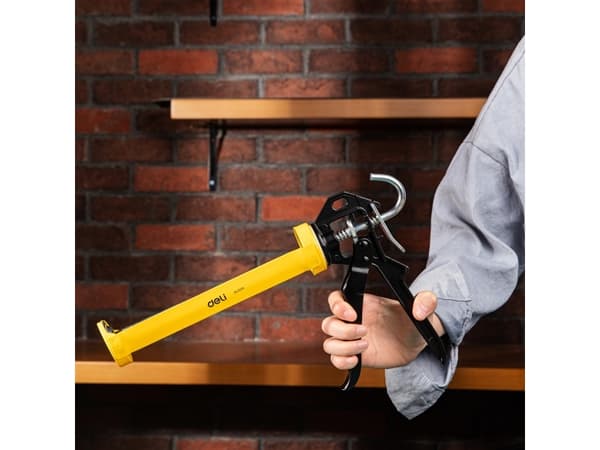 Deli Tools EDL2370, Pneumatisk tätningspistol, Svart, Gul, Gjuten aluminium, Stål, 230 mm, 1 styck